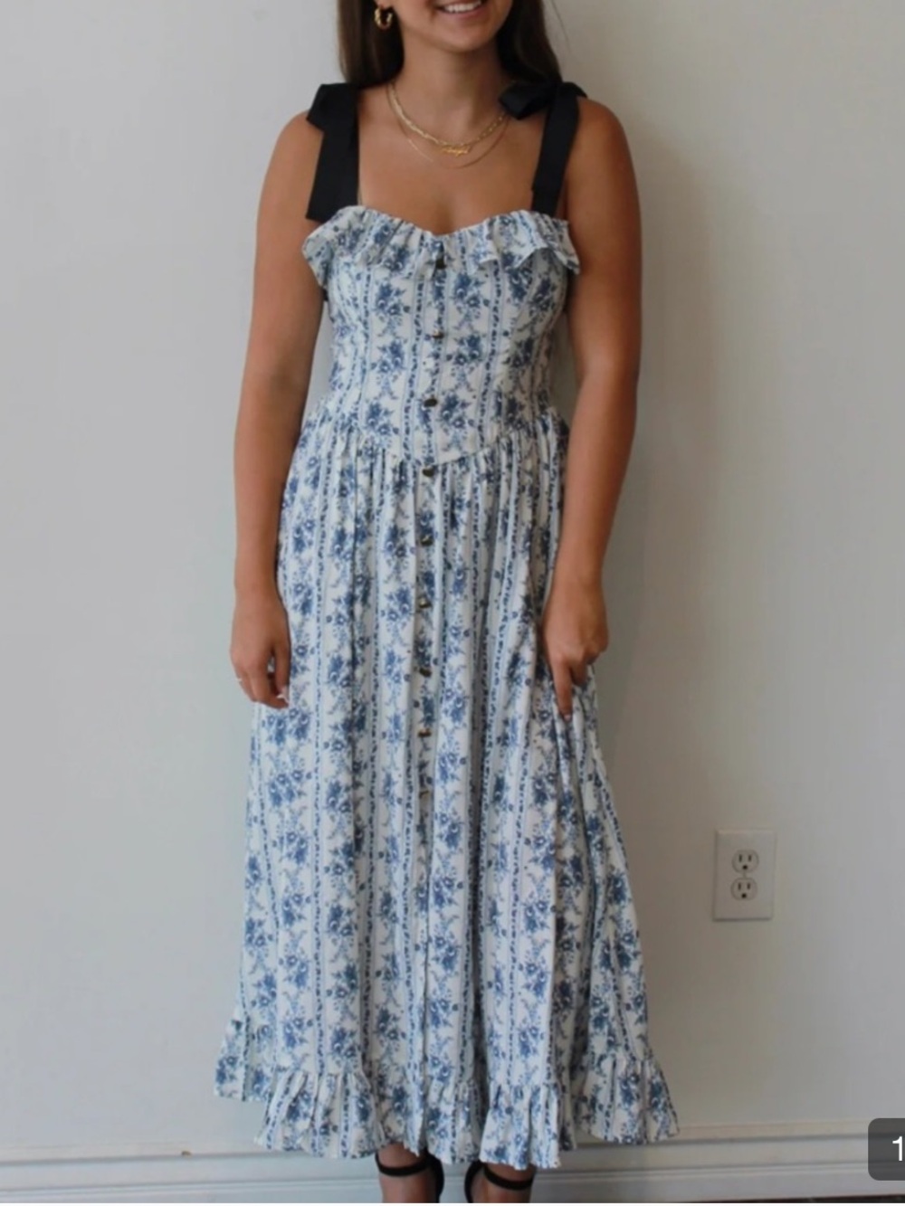 Kimchi Blue Blue and White Floral Midi Dress with Black Tie Straps
